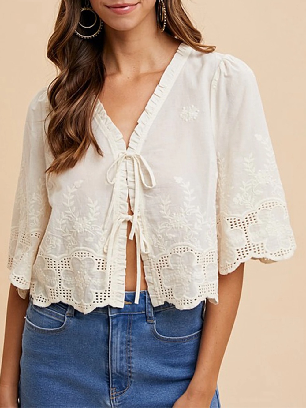 AnnieWear |Tie-Front Ivory Boho Top| size XS